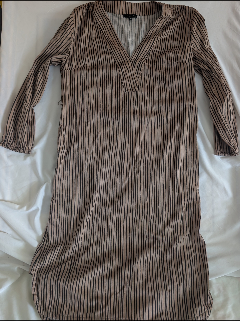 Universal Standard Taupe Dress with Black Vertical Stripes